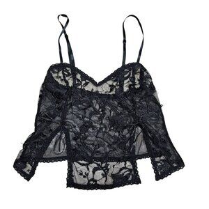 Black Sheer‎ Lace Floral Sleeveless Top Adjustable Straps 2 Slits Bows Goth S/M
